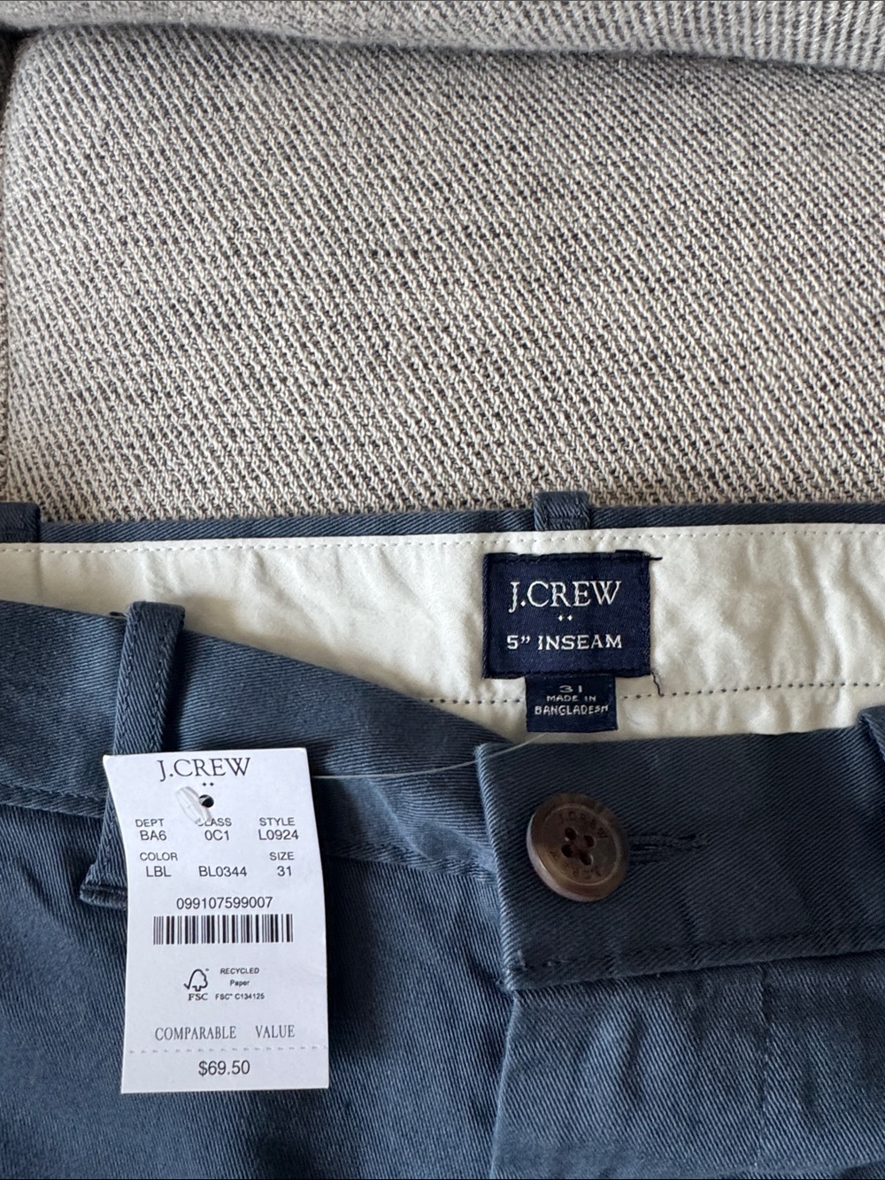 J. Crew Men's Slate Blue Flat-Front Chino Shorts - Picture 2 of 3
